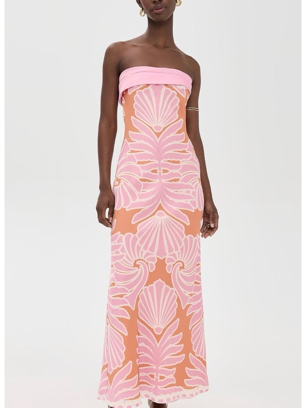 Strapless Pink and Peach Patterned Maxi Dress